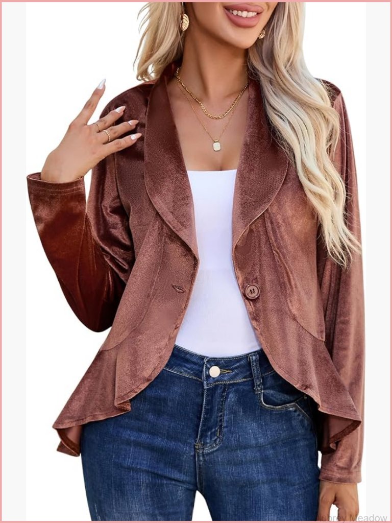 Womens Casual Blazer 3/4 Sleeve Open Front Ruffle Work Office Cardigan Suit
